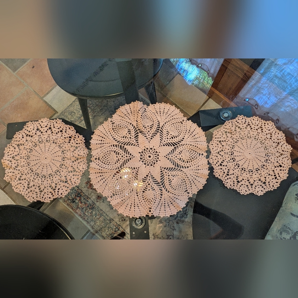 Set Of 3 Crochet Table Doilies, Light Brown.